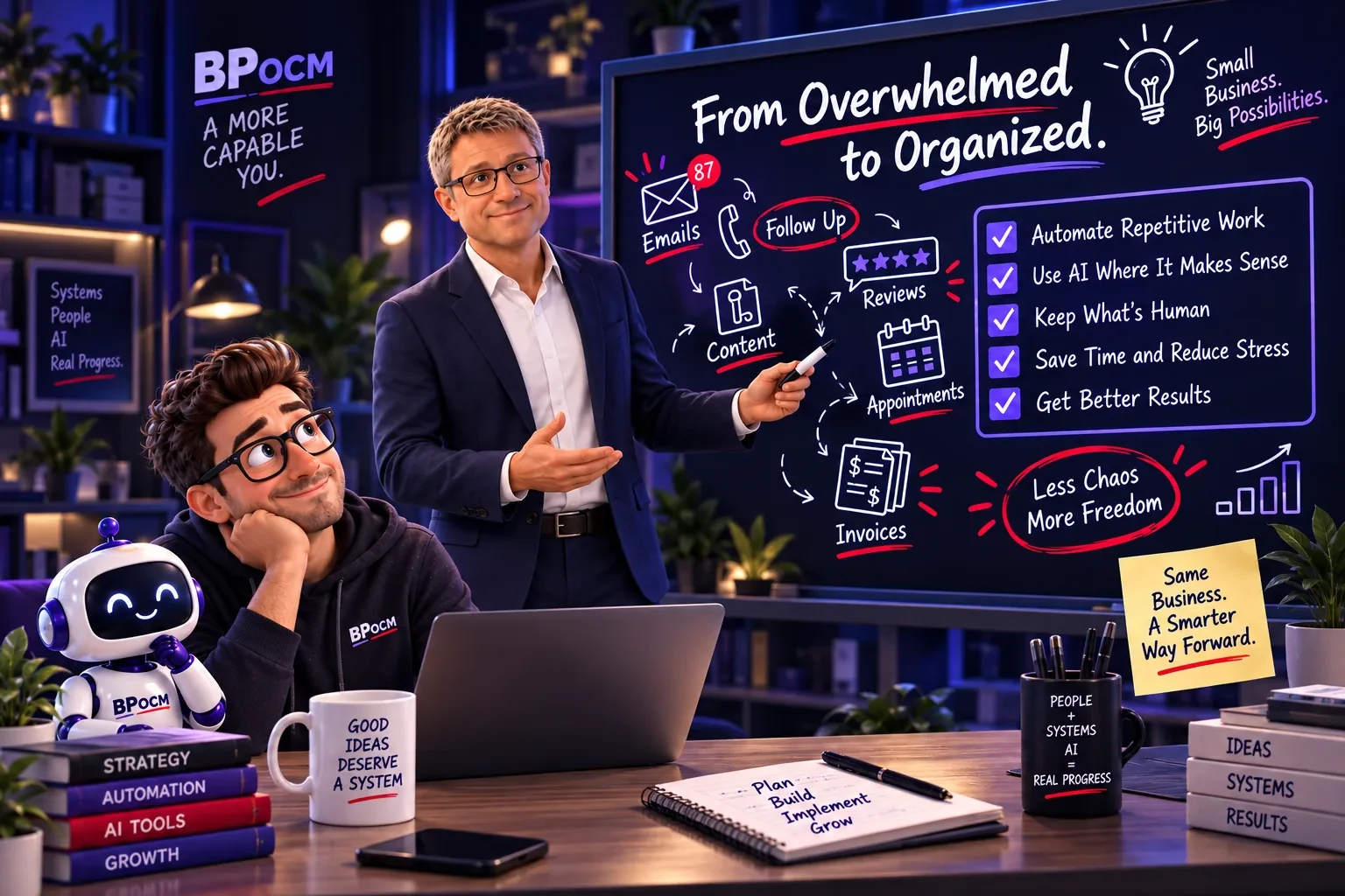 BPOCM consulting and systems teaching scene, dark theme
